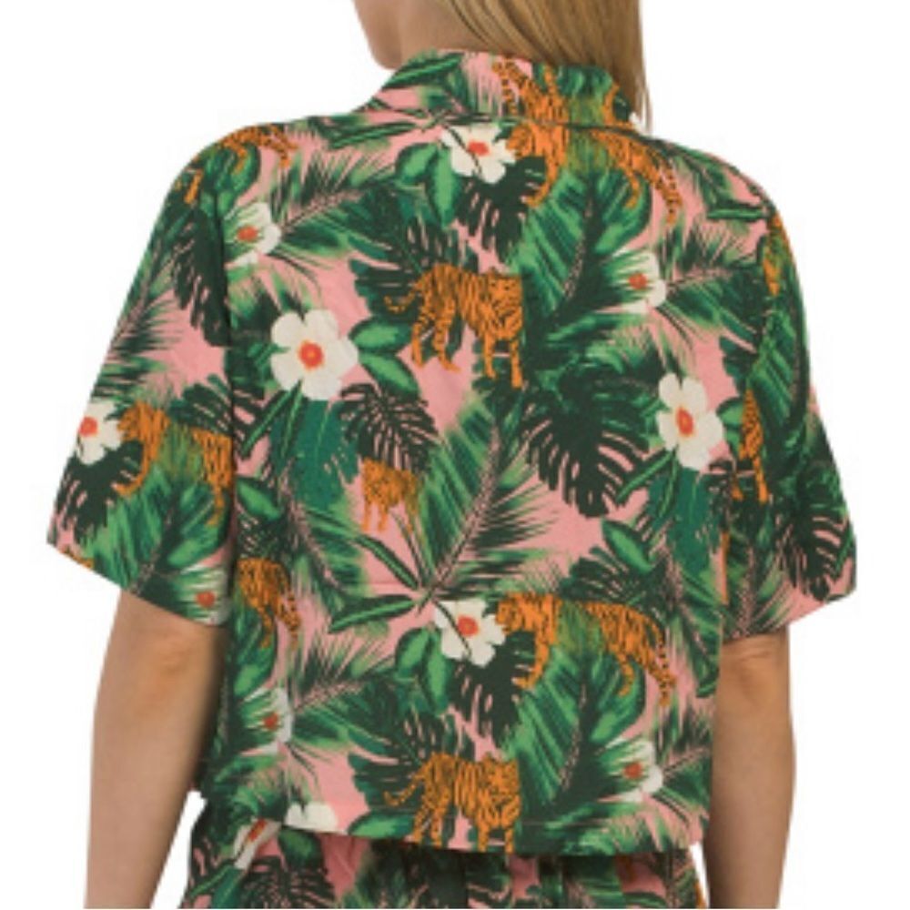 Cynthia Rowley M-L Green Orange Tropical Jungle Tiger Cropped Top & Short PJ Set - Picture 4 of 16